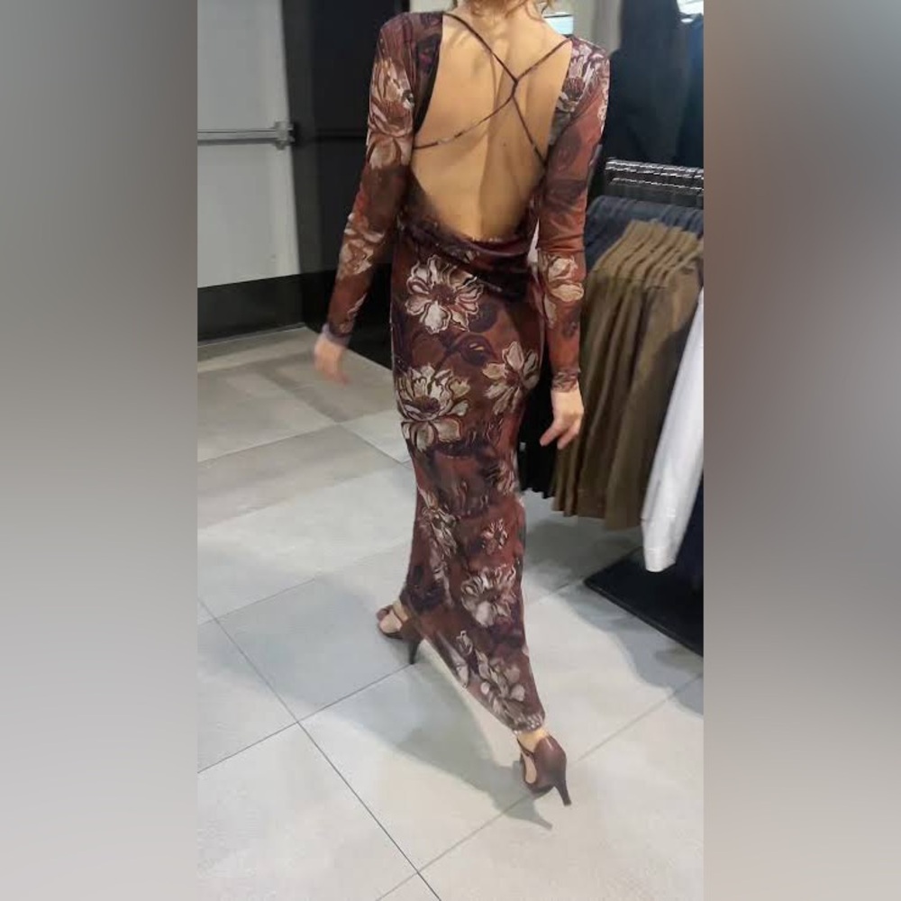 ZARA 5039/397 090 PRINTED TULLE DRESS size large light brown - Picture 13 of 14